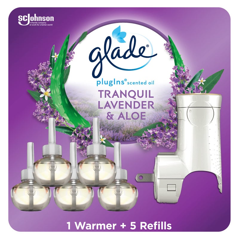 Glade PlugIns Refills Air Freshener Starter Kit, Scented and Essential Oils for Home and Bathroom, Lavender & Aloe, 3.35 Fl Oz, 1 Warmer + 5 Refills - Image 1
